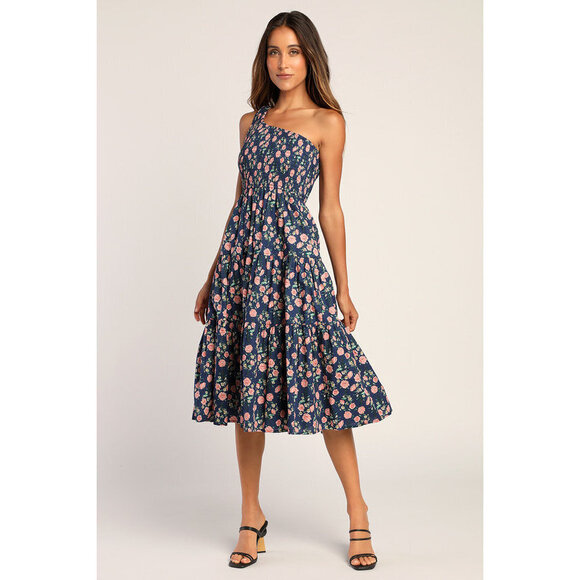 Lulus Dresses & Skirts - Lulus You Grow Girl Navy Floral Print One-shoulder Midi Dress Blue - Size XS